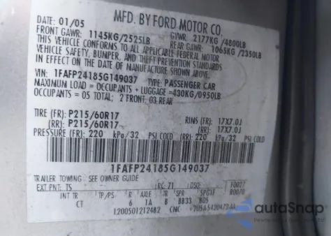 2005 Ford Five Hundred Sel z USA, uszkodzony, nr VIN 1FAFP24185G149037